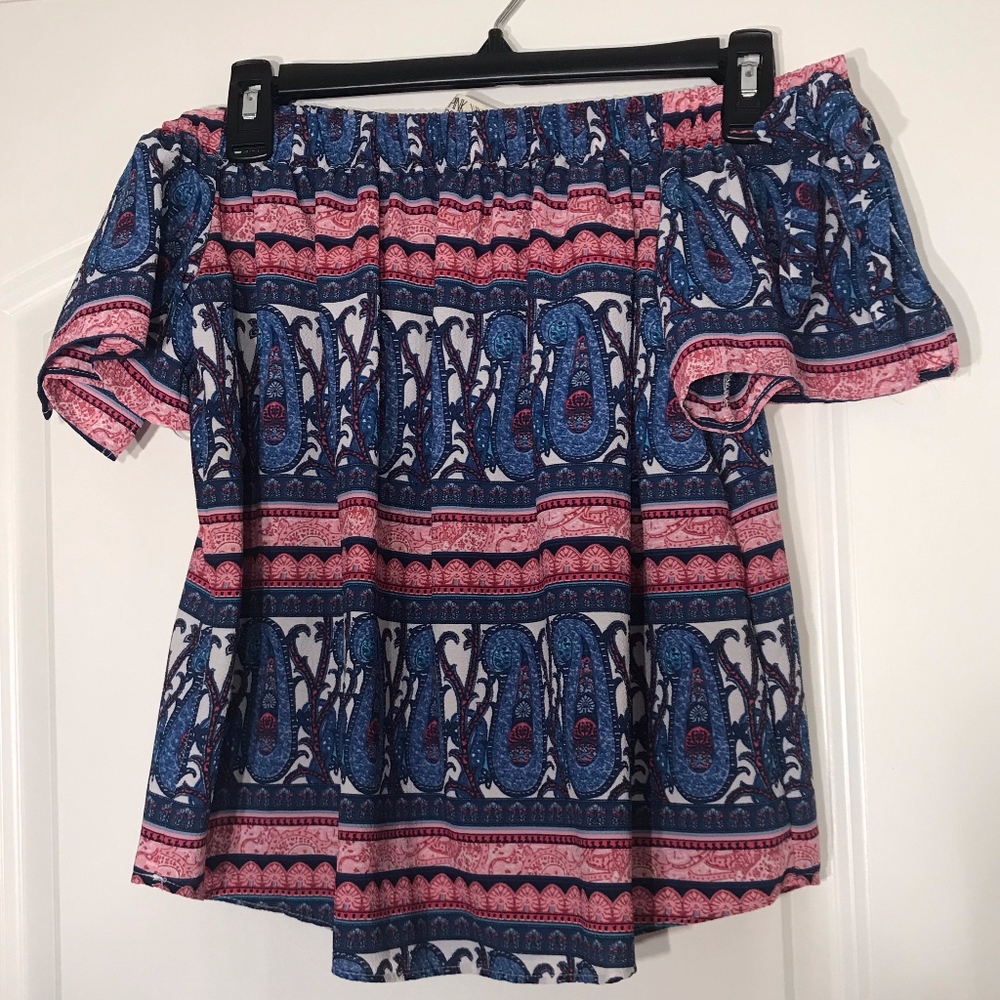 Pink Rose Over-Shoulder Pink & Blue Top | Size M